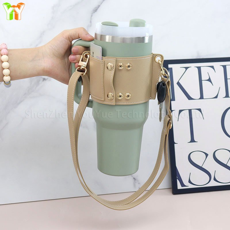 Leather Coffee Mug Sleeve Custom Mug Sleeves ID Credit Card Holder Water Bottle Holder Drink Cup Carrier with Card Pouch