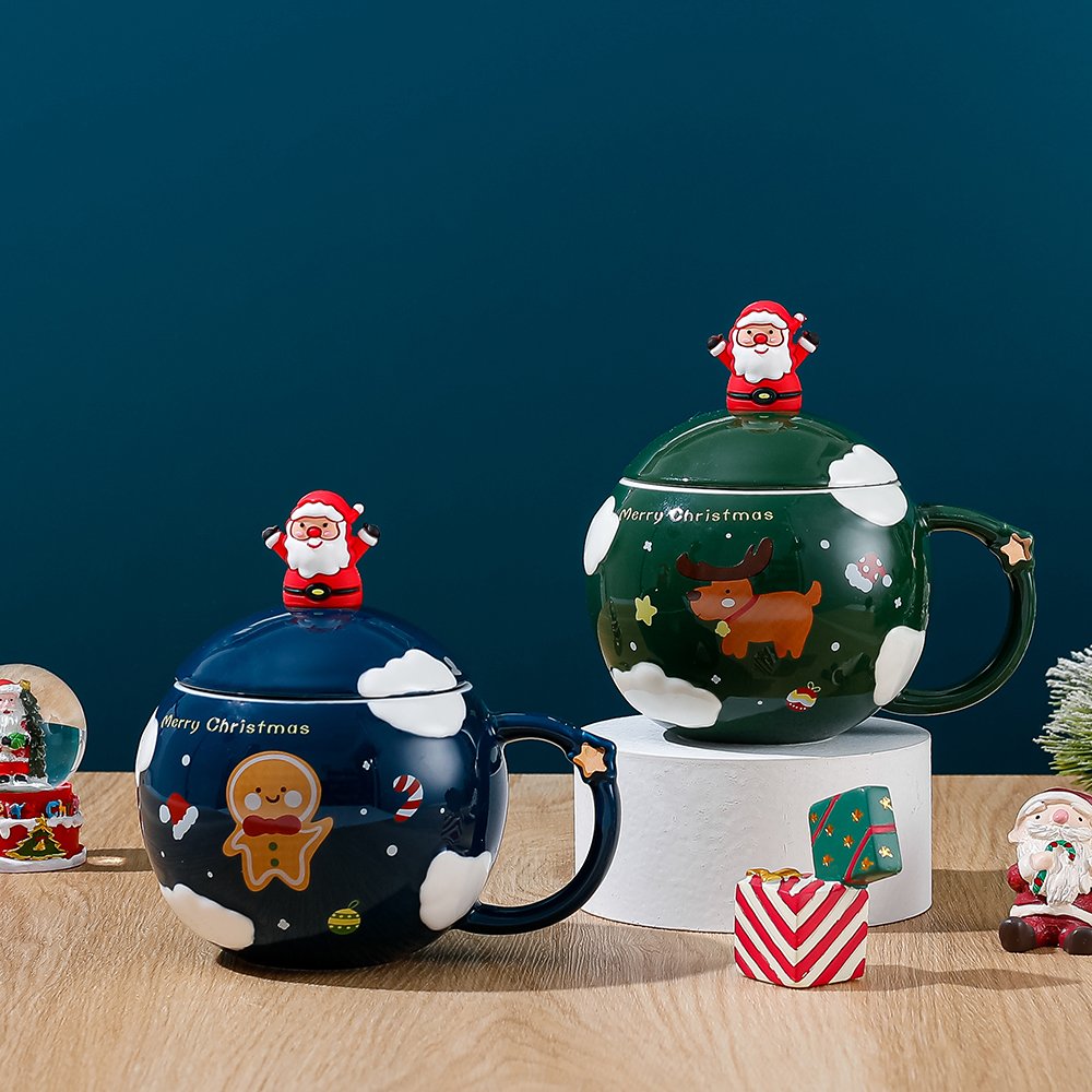 New Kawaii Ball Shape Ceramic Cup Pink Red Blue Green Santa Claus Tree Designs Christmas Ceramic Mug Customize