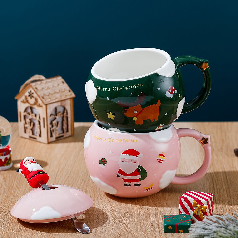 New Kawaii Ball Shape Ceramic Cup Pink Red Blue Green Santa Claus Tree Designs Christmas Ceramic Mug Customize