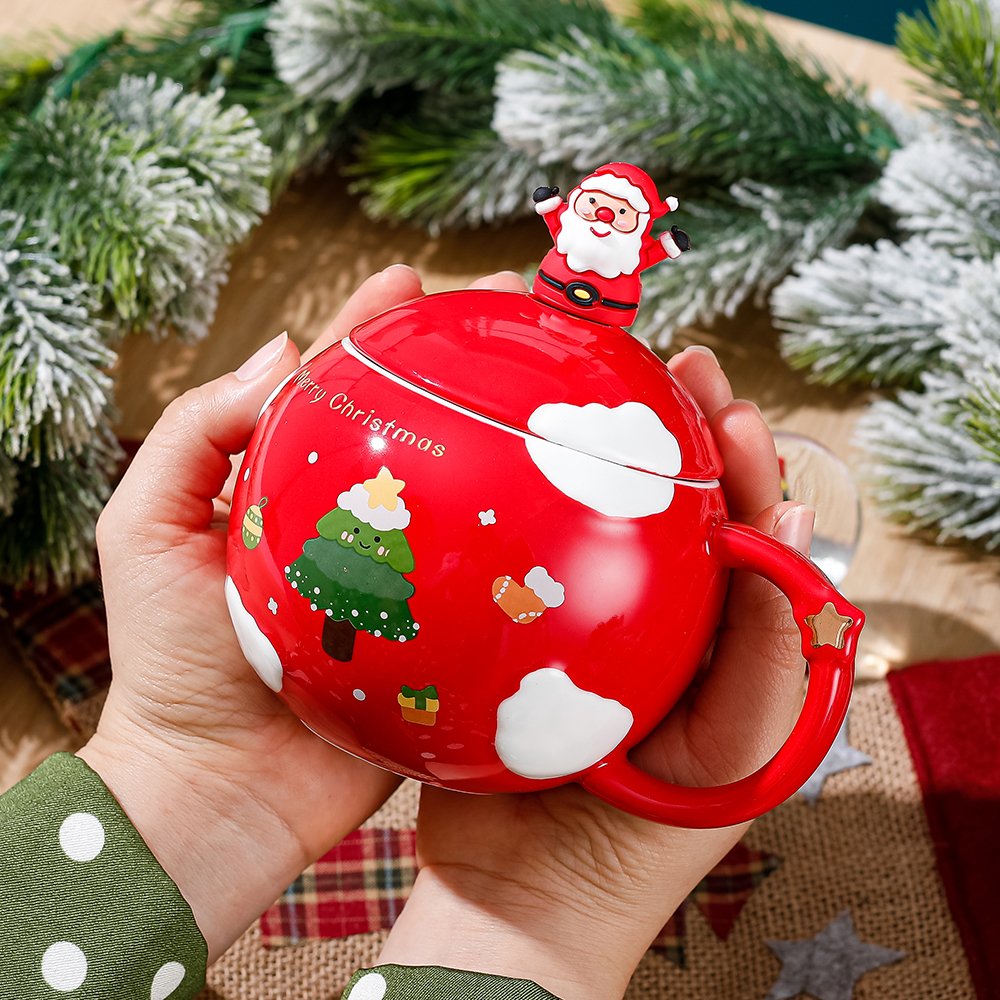 New Kawaii Ball Shape Ceramic Cup Pink Red Blue Green Santa Claus Tree Designs Christmas Ceramic Mug Customize