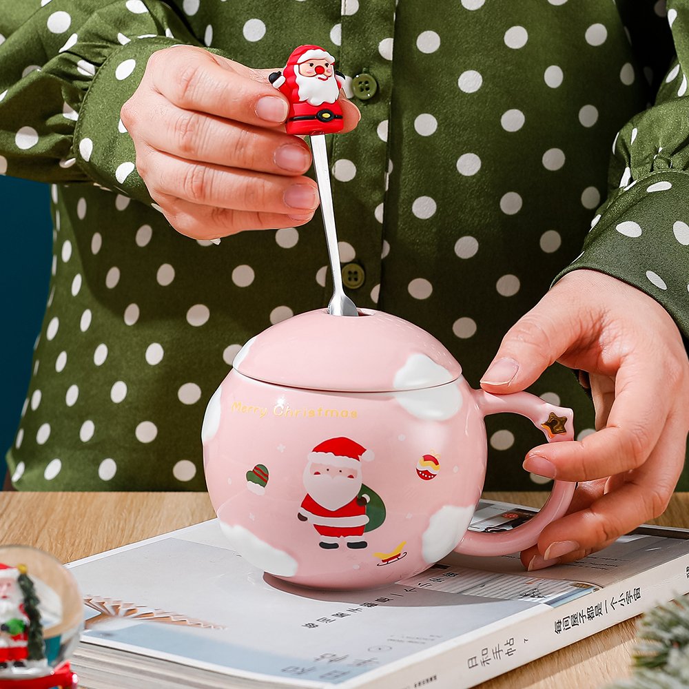 New Kawaii Ball Shape Ceramic Cup Pink Red Blue Green Santa Claus Tree Designs Christmas Ceramic Mug Customize