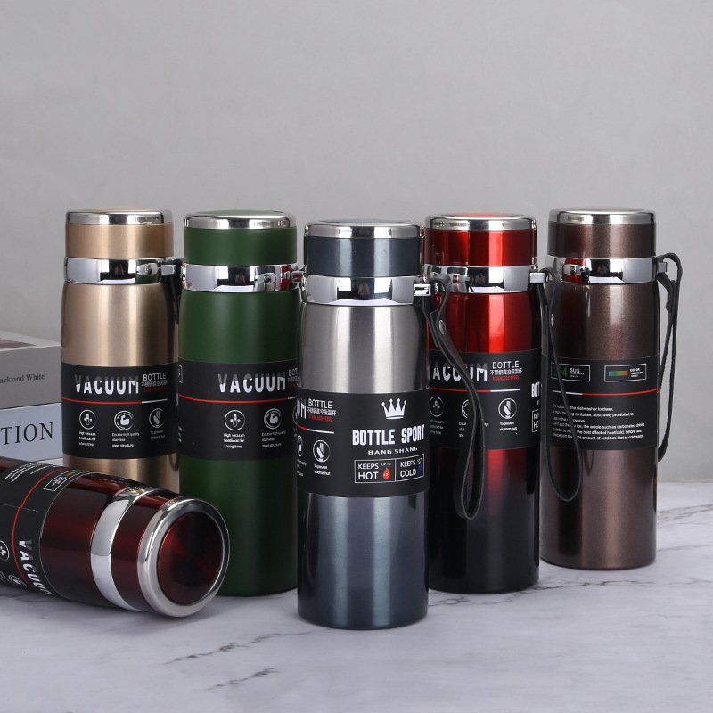 Custom 1L big capacity double wall vacuum thermos cup stainless steel insulated travel sport water bottles with strap