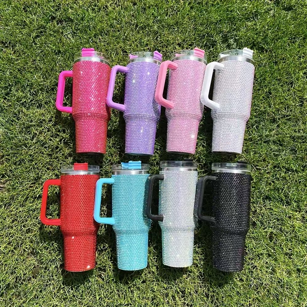 Glitter Stainless Steel Car Tumbler 40oz Insulated Vacuum Mug Straw Cup Travel Diamond Mug with Handle