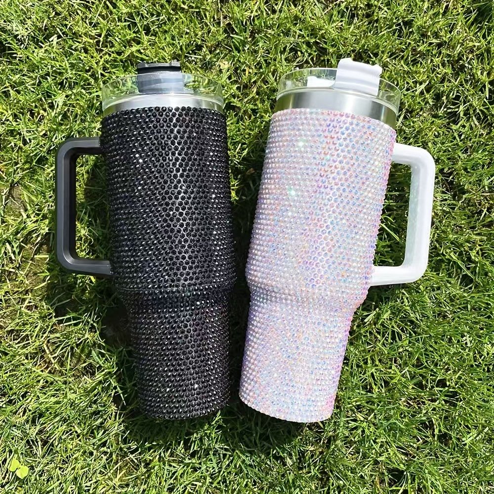 Glitter Stainless Steel Car Tumbler 40oz Insulated Vacuum Mug Straw Cup Travel Diamond Mug with Handle