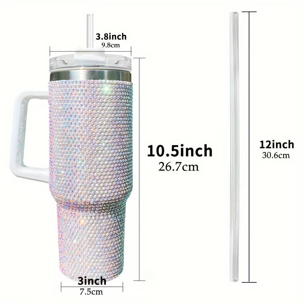 Glitter Stainless Steel Car Tumbler 40oz Insulated Vacuum Mug Straw Cup Travel Diamond Mug with Handle