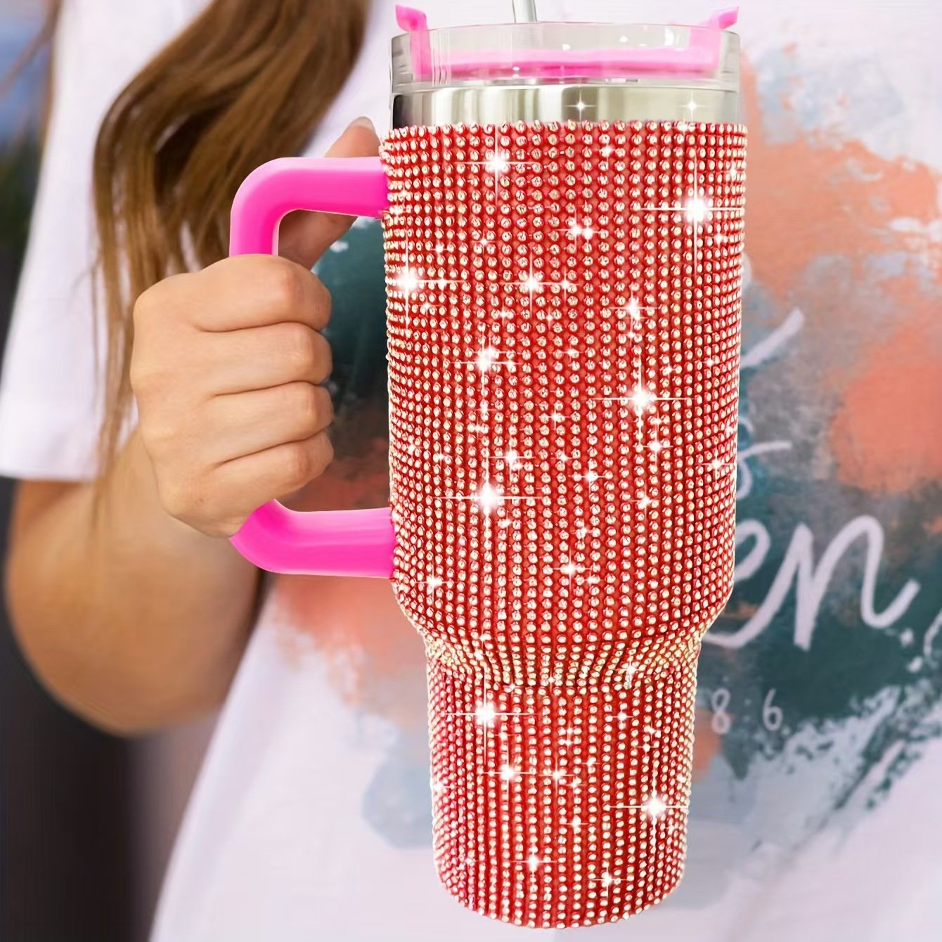 Glitter Stainless Steel Car Tumbler 40oz Insulated Vacuum Mug Straw Cup Travel Diamond Mug with Handle