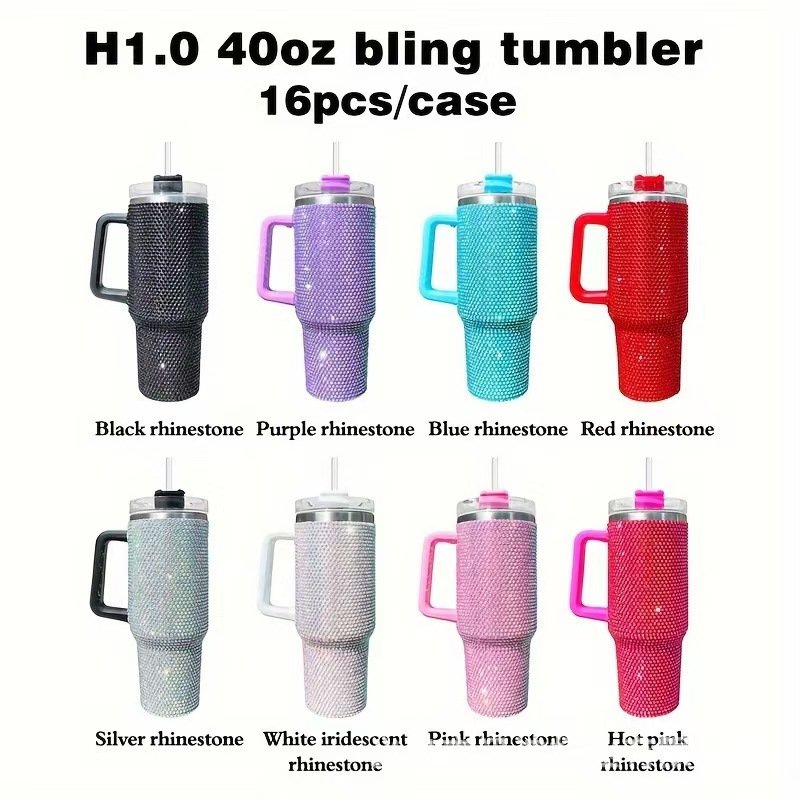 Glitter Stainless Steel Car Tumbler 40oz Insulated Vacuum Mug Straw Cup Travel Diamond Mug with Handle