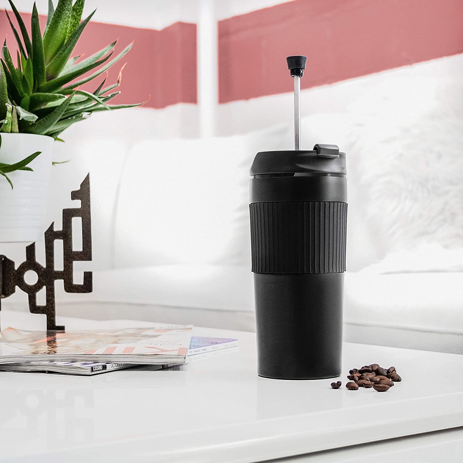 12oz Safe Eco Friendly Custom Logo Leak Proof Black French Media Travel Mug Double Wall Stainless Steel Portable Coffee Mug