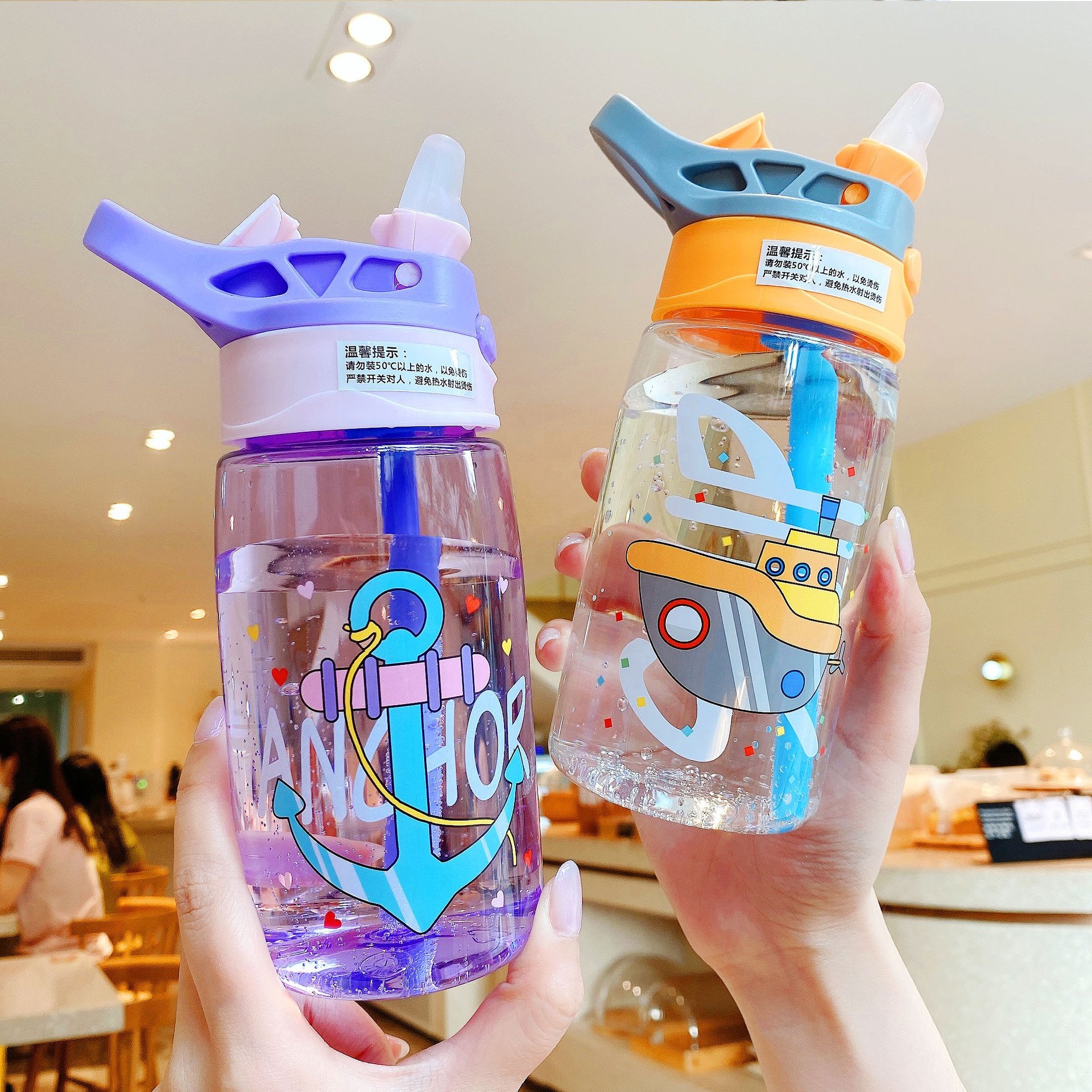 Aohea Cartoon Plastic Water Bottles For Kids Cute Child Drinking Water Bottle With Straw Sports Kettle