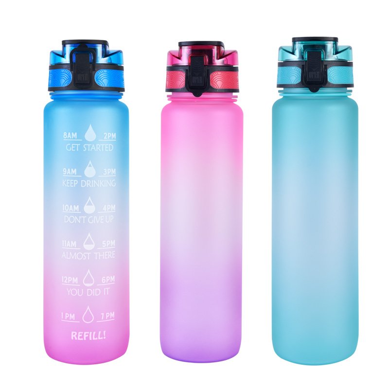 1 Liter Plastic Carton Tritan Gradient Color Motivational Plastic Water Bottle With Fruit Infuser