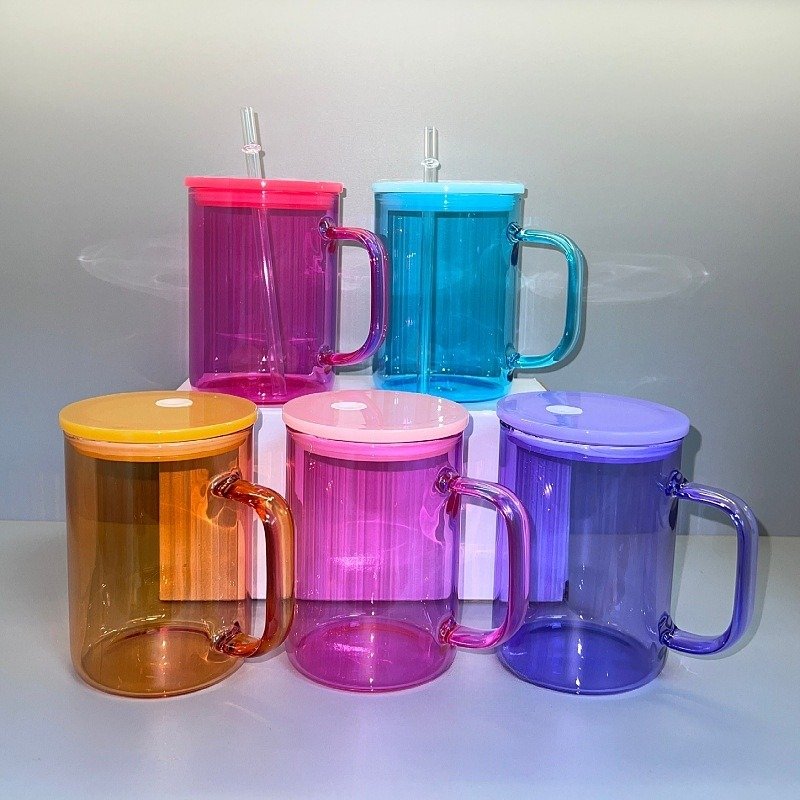 USA Warehouse RTS 17oz Sublimation Clear Jelly Candy Glass Mug Cup with Handle and Colored Lids and Straws Mixed Colors