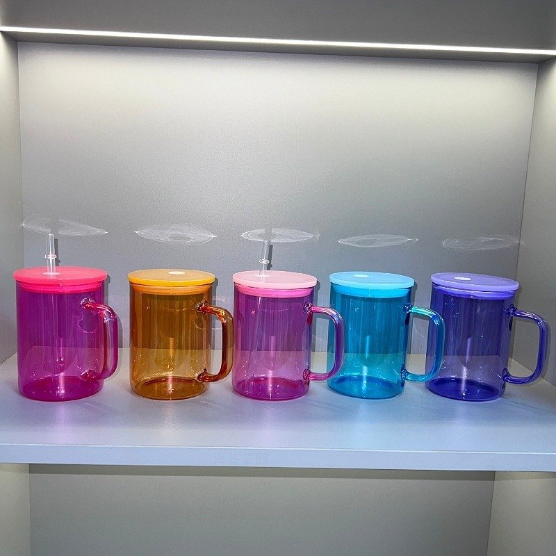 USA Warehouse RTS 17oz Sublimation Clear Jelly Candy Glass Mug Cup with Handle and Colored Lids and Straws Mixed Colors