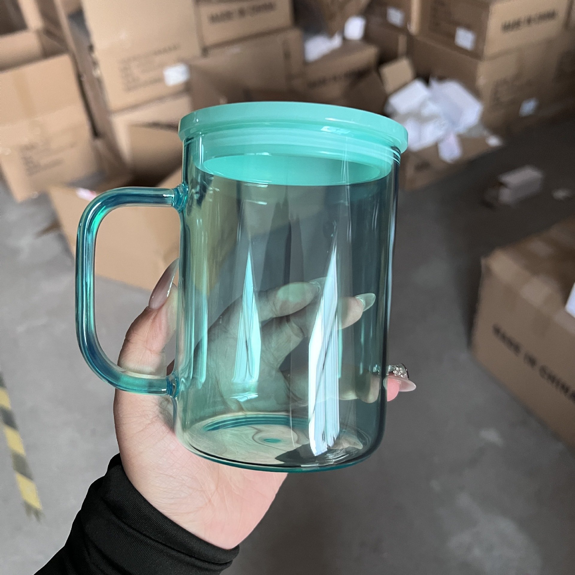 USA Warehouse RTS 17oz Sublimation Clear Jelly Candy Glass Mug Cup with Handle and Colored Lids and Straws Mixed Colors