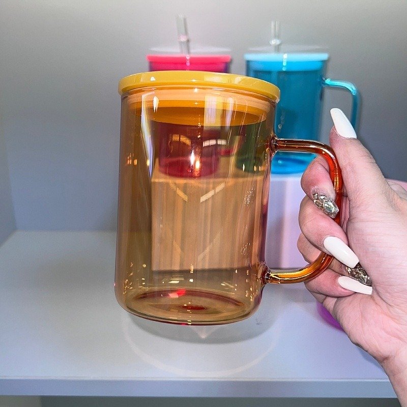 USA Warehouse RTS 17oz Sublimation Clear Jelly Candy Glass Mug Cup with Handle and Colored Lids and Straws Mixed Colors