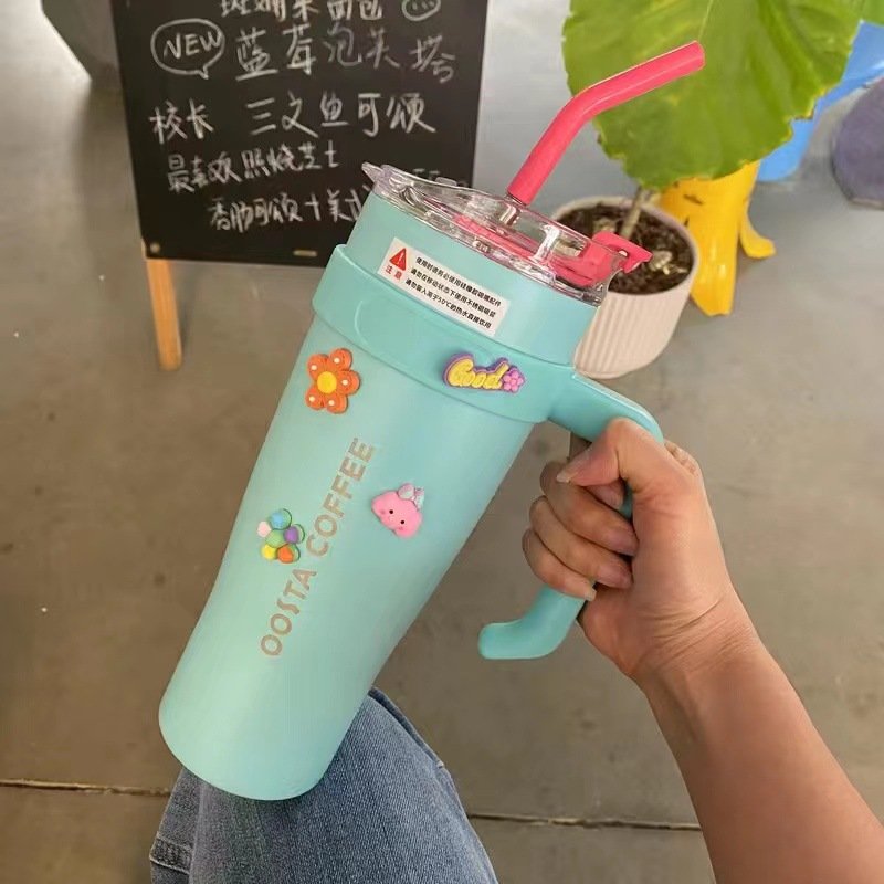 40oz customized logo double wall insulated bottles stainless steel coffee cup with straw big capacity cartoon cute water bottle