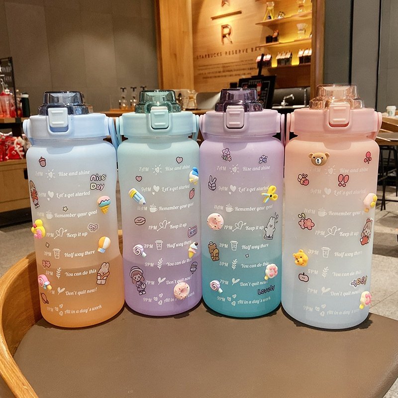 Cartoon Pattern Large Frosted Cute Bpa Free Tritan Motivational Insulate Matte 2l Water Bottle With Time Marker