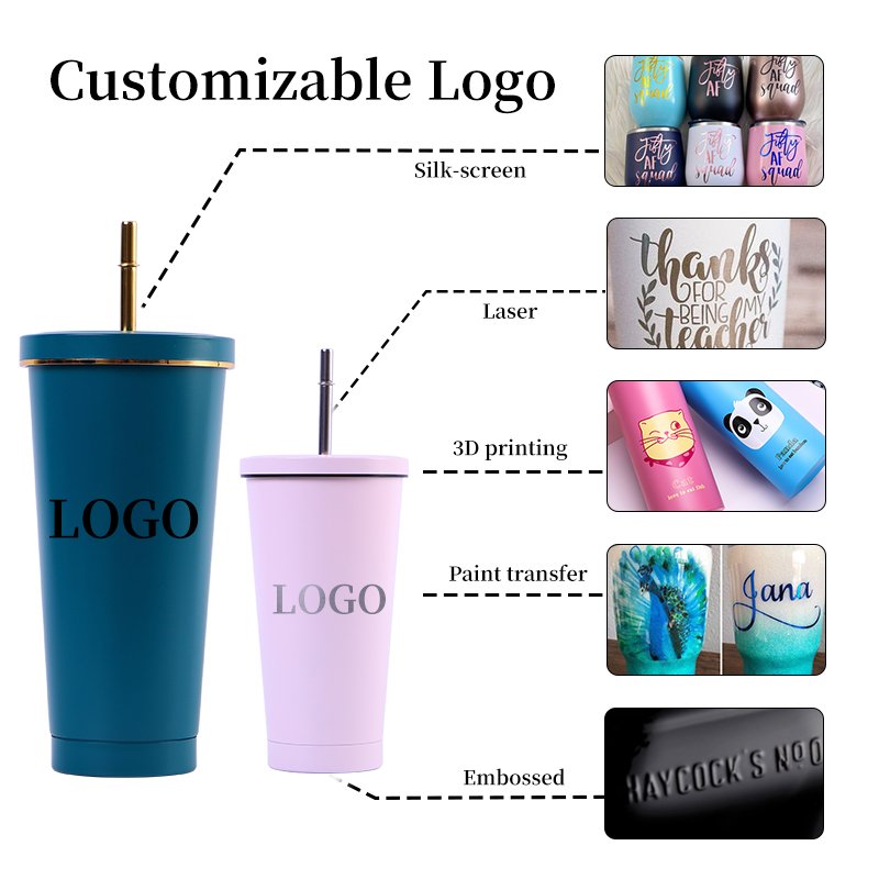 Custom Logo 500ml 750ml Stainless Steel Tumbler Insulated Coffee Tumbler Cup Double Wall Travel Coffee Mug Reusable Straw Cup