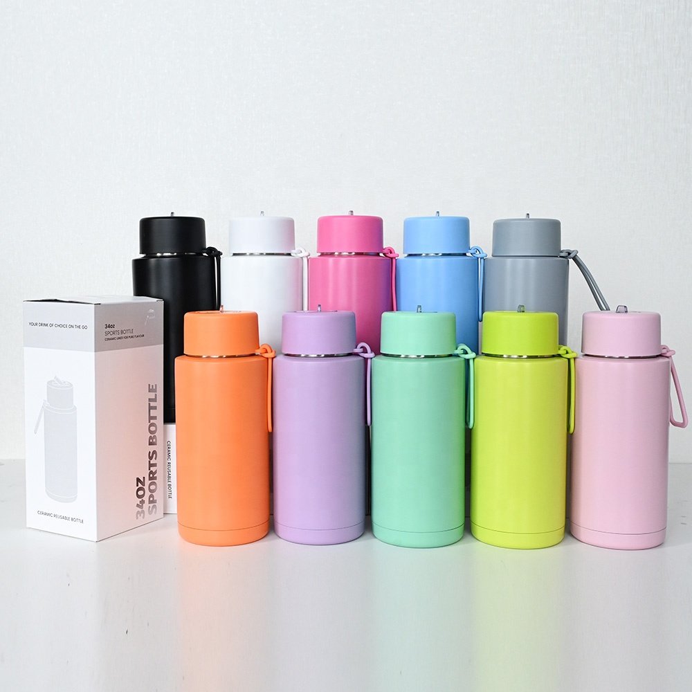 Custom logo 34oz 1000ml Sports double wall Vacuum Insulated Stainless Steel ceramic inner water bottles with custom logo