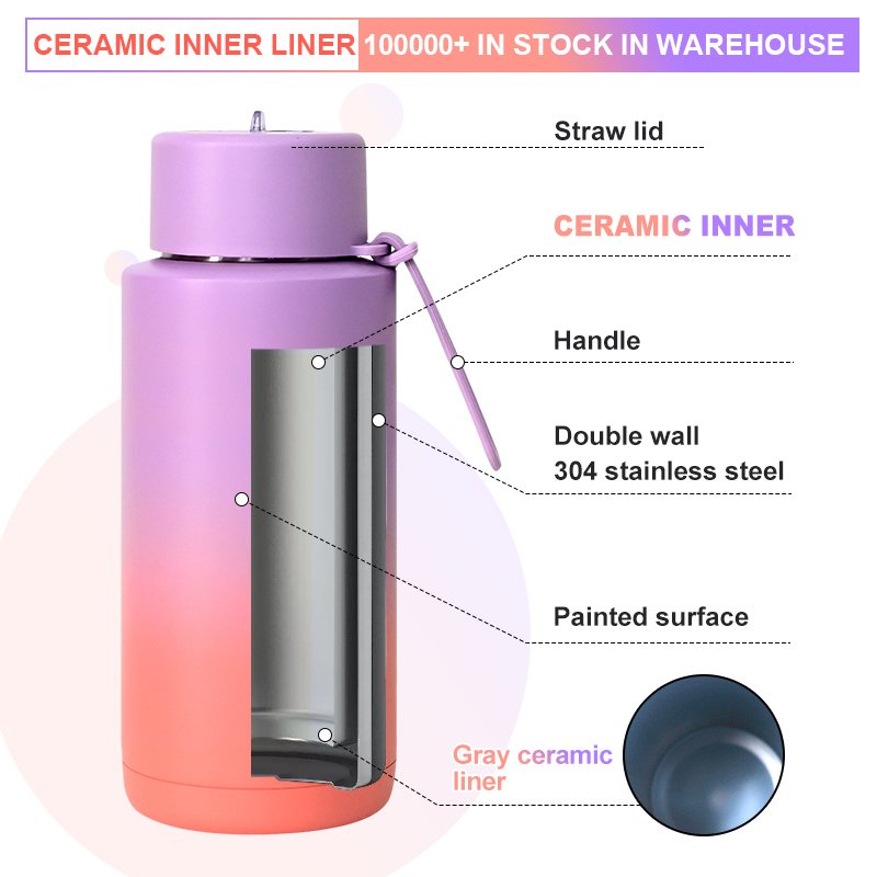 Custom logo 34oz 1000ml Sports double wall Vacuum Insulated Stainless Steel ceramic inner water bottles with custom logo