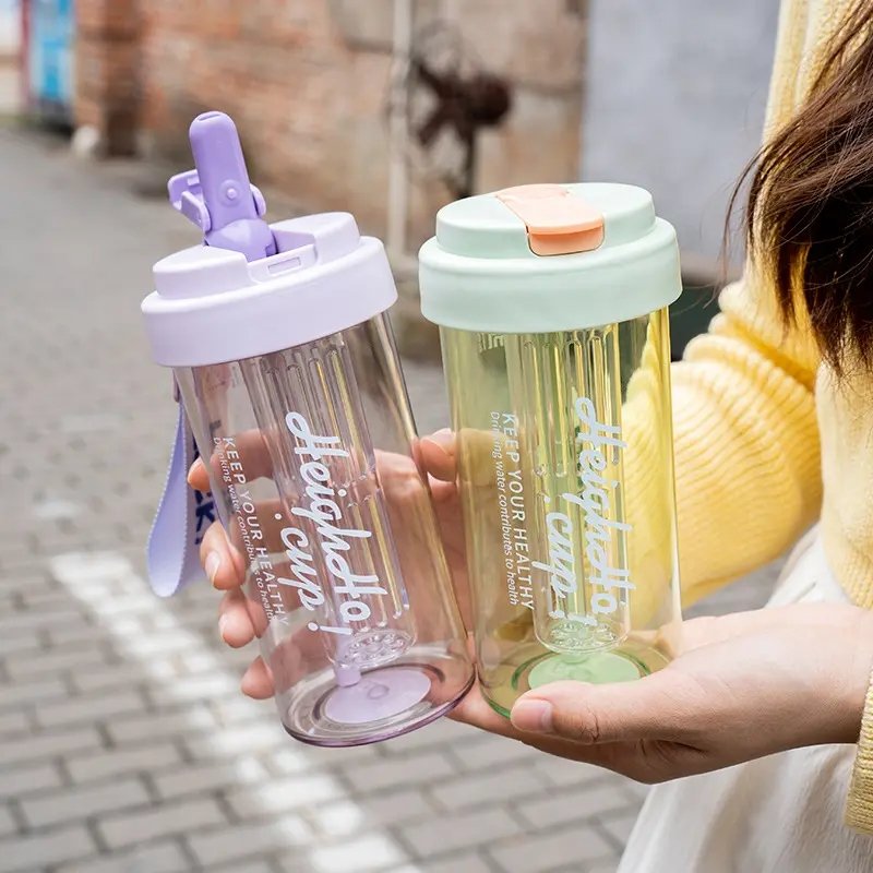High Quality Reusable Portable Cute Girl Plastic Bottle 600ml Leakproof Juice Drinking Cup Plastic Water Bottle With Lid