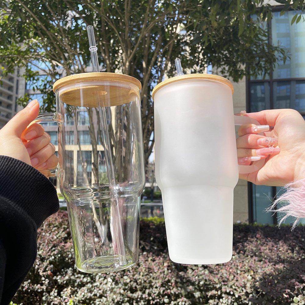 USA warehouse clear frosted 32oz 40oz glass travel tumbler BPA free reusable Glass Camper Mug with bamboo lid For hot printing