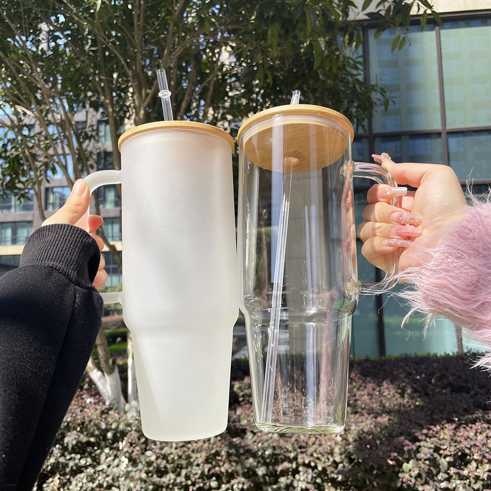 USA warehouse clear frosted 32oz 40oz glass travel tumbler BPA free reusable Glass Camper Mug with bamboo lid For hot printing