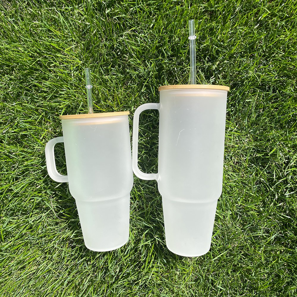 USA warehouse clear frosted 32oz 40oz glass travel tumbler BPA free reusable Glass Camper Mug with bamboo lid For hot printing