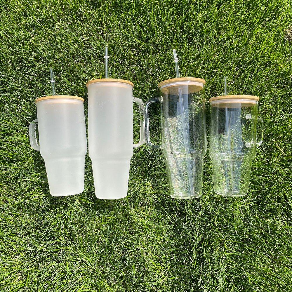 USA warehouse clear frosted 32oz 40oz glass travel tumbler BPA free reusable Glass Camper Mug with bamboo lid For hot printing