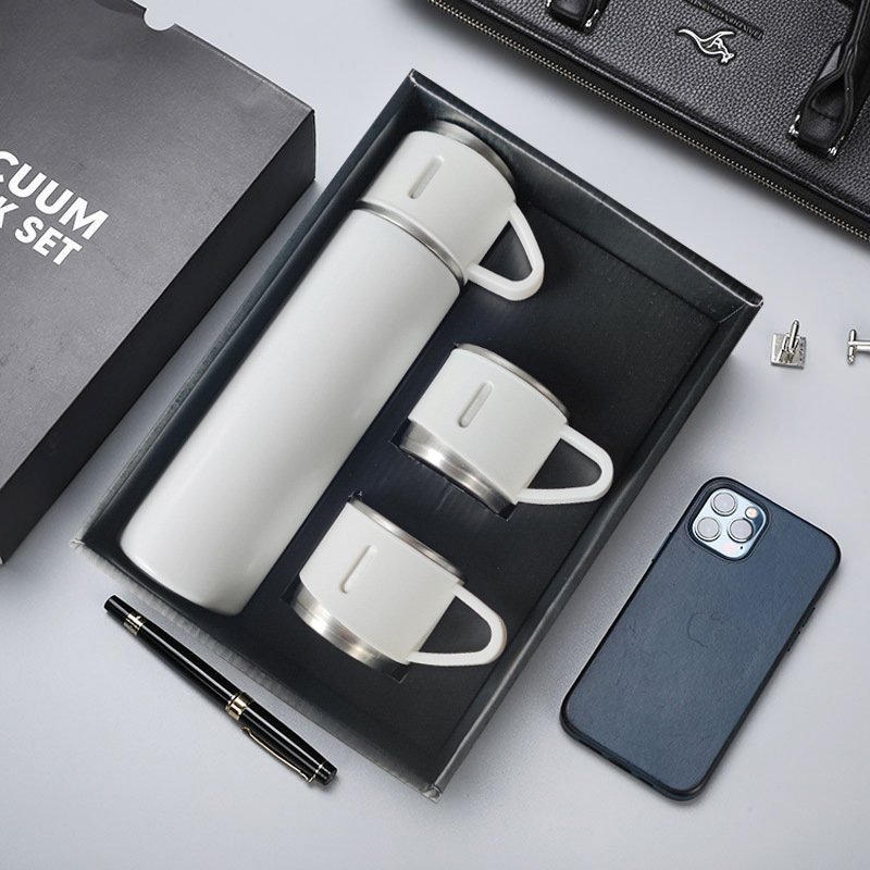 Double wall vacuum flask men gift set luxury gift sets 500ml brown vaccum flask set with lid
