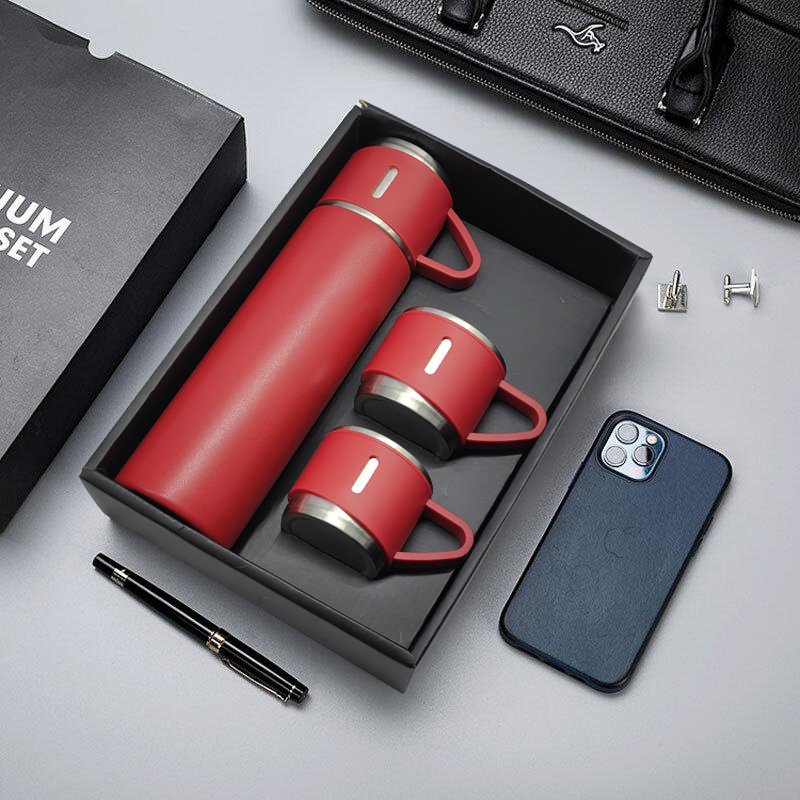 Double wall vacuum flask men gift set luxury gift sets 500ml brown vaccum flask set with lid