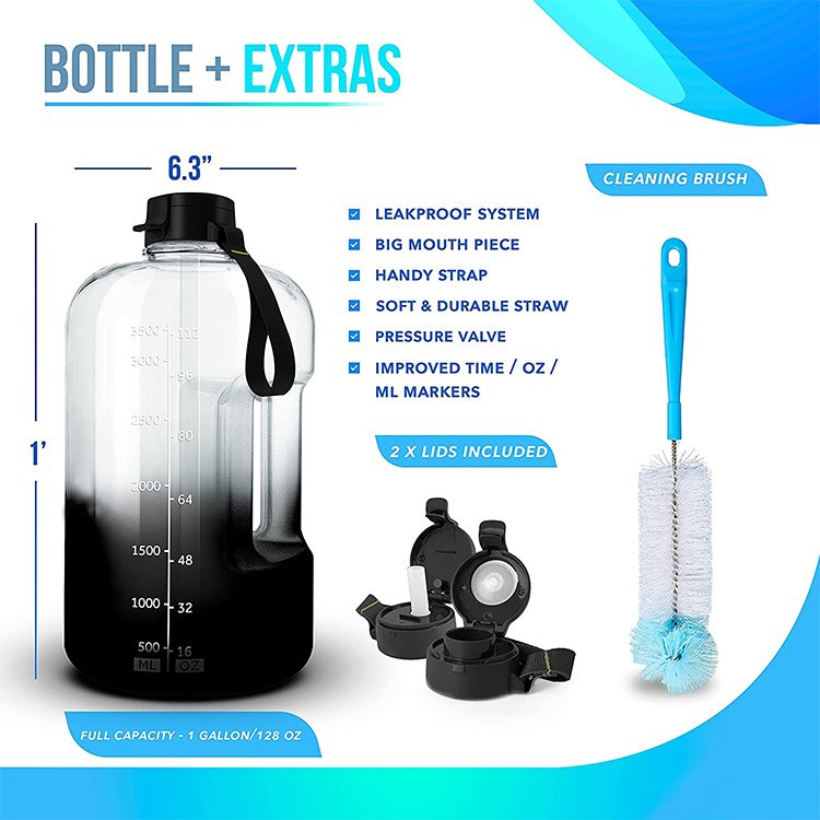 Large 1 Gallon Motivational Water Bottle with Time Marker & Straw Leakproof Gym and Outdoor Water Jug