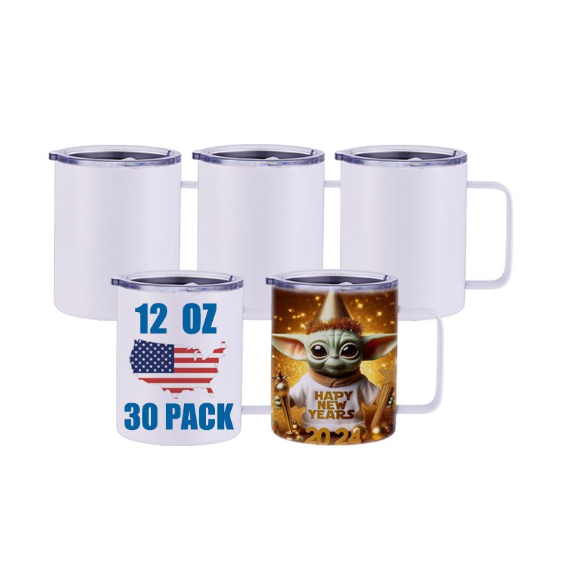 USA Warehouse Stocked RTS White Sublimation Blanks Tumbler with Handle 12 OZ Coffee Mug Stainless Steel Double Wall Insulated