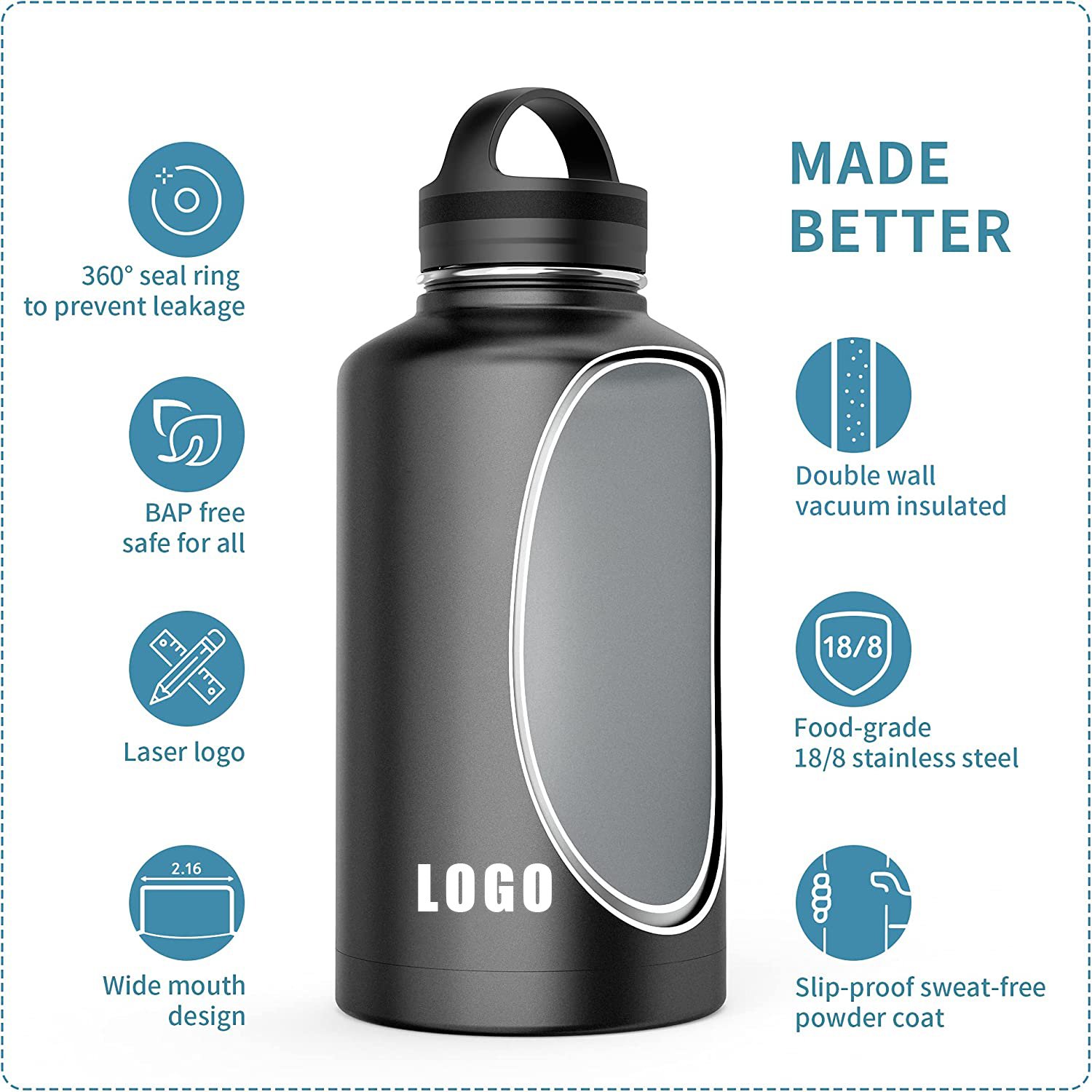 Fashion Design Stainless Steel Insulated Water Bottle Half Gallon 64 oz Beer Growler for Outdoor Camping