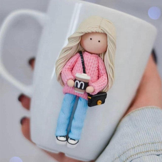 3D polymer clay mugs girl unique ceramic tea and coffee cup gift