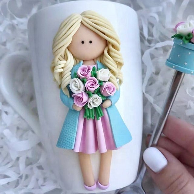 3D polymer clay mugs girl unique ceramic tea and coffee cup gift