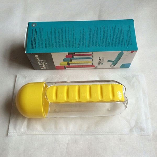 600ml Water Bottle with Pill Box and Vitamin Organizer