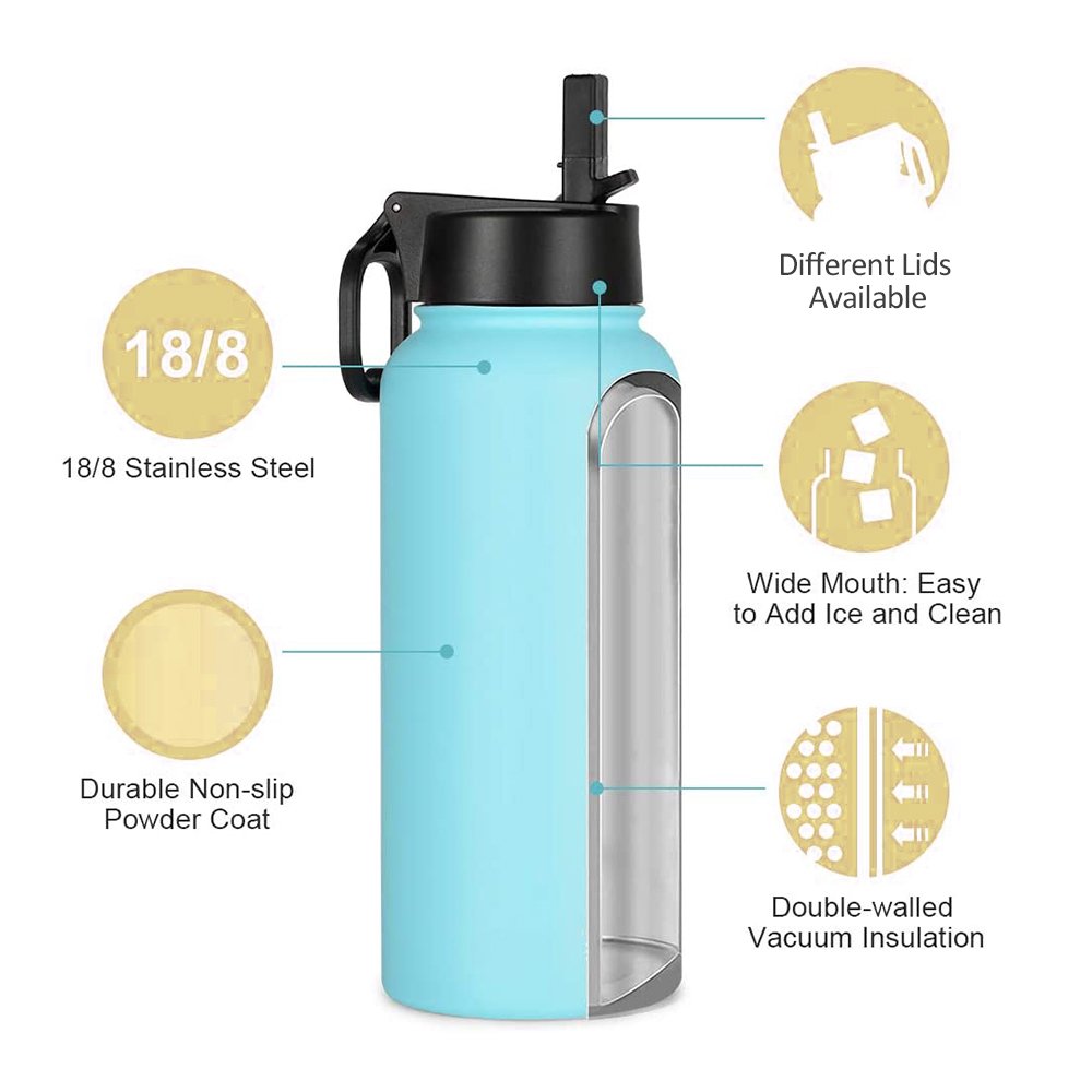 WUJOSUB Sublimation Thermos Flask Mug Portable Double Wall Stainless Steel Vacuum Sports Bottles with Straw