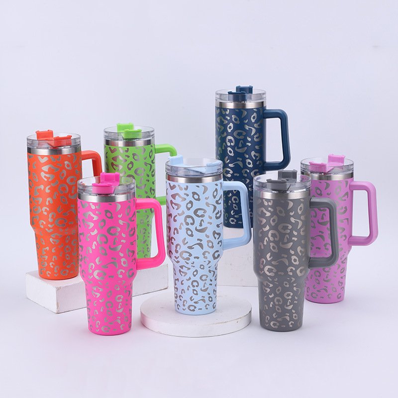 Thermal Insulation Car Cup Leopard Print Sublimation Ice 40OZ Mugs 1 Day with Handle Bully Tumbler Stainless Steel