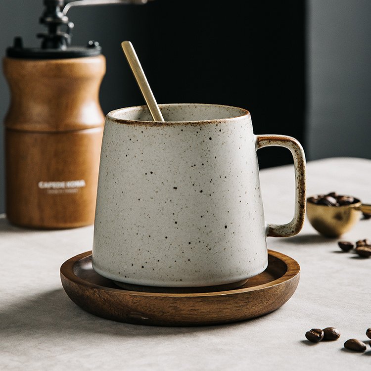 Vintage Style Reactive Glaze Fancy Gift Item Tea Cup Sets Cheap Stoneware Coffee mug Ceramic Cup With Wood Tray