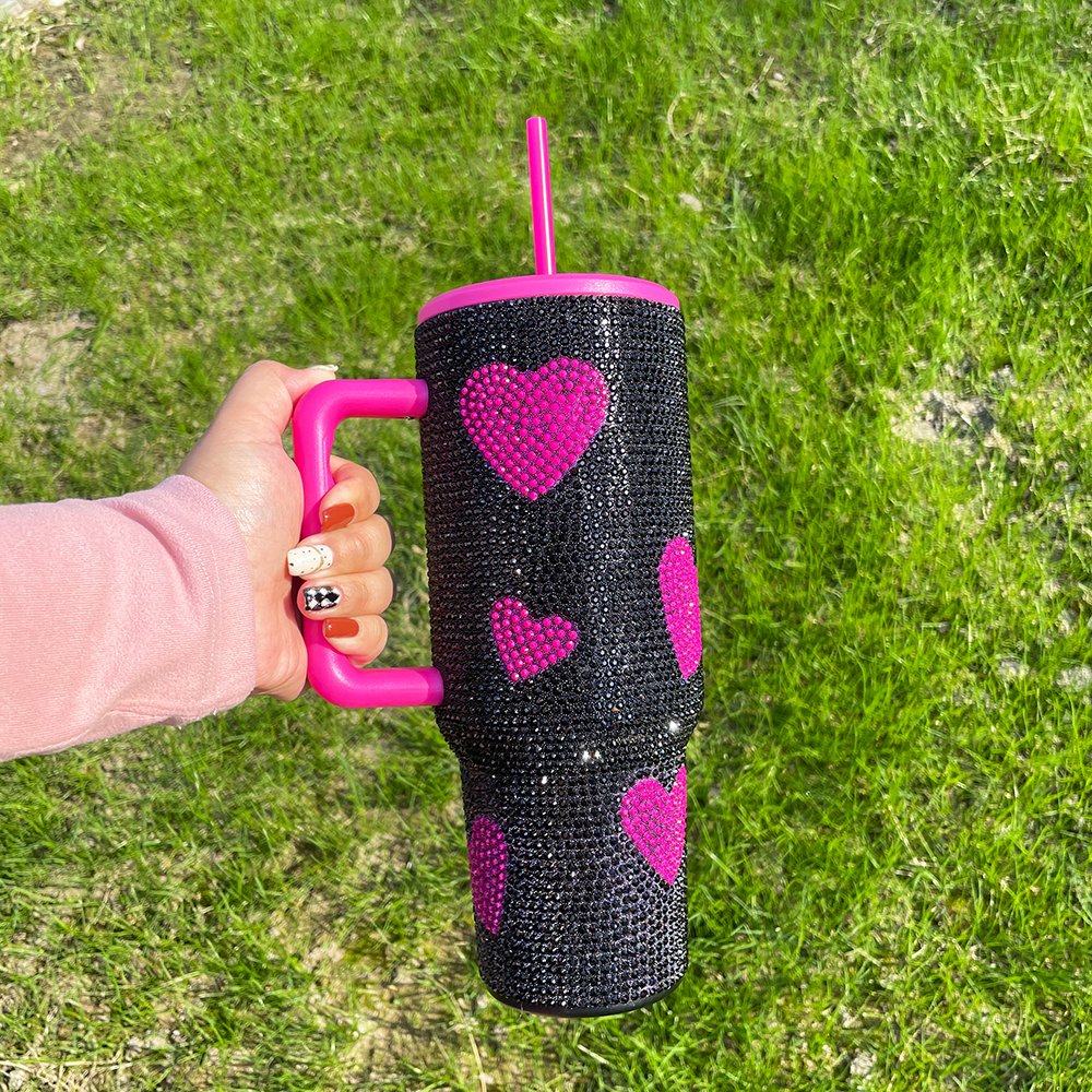 USA warehouse 40oz black pink sweet heart printing diamond shiny tumbler with handle rhinestone bling Sparkle travel coffee mug