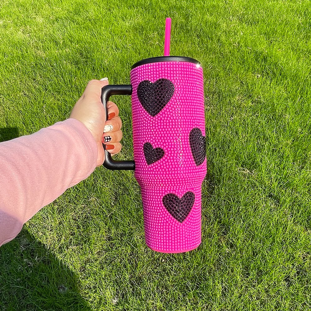 USA warehouse 40oz black pink sweet heart printing diamond shiny tumbler with handle rhinestone bling Sparkle travel coffee mug