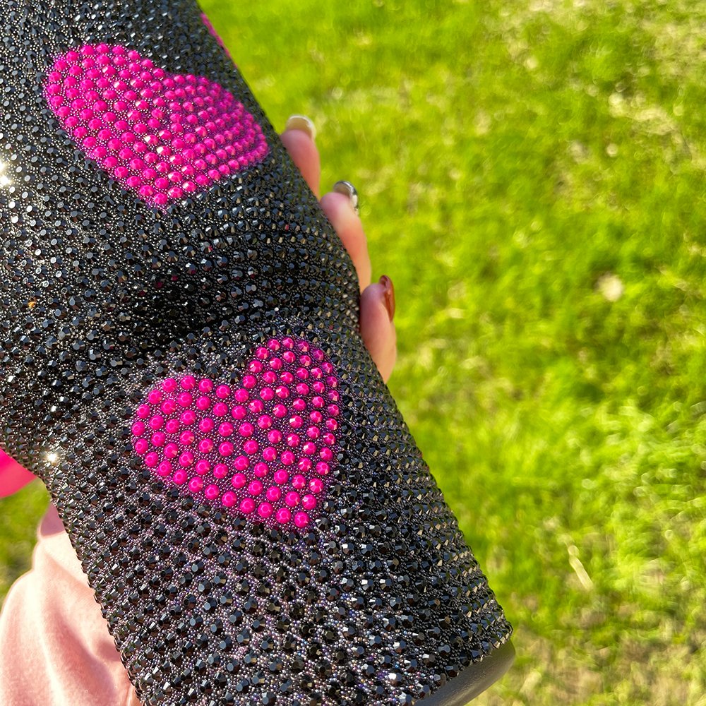 USA warehouse 40oz black pink sweet heart printing diamond shiny tumbler with handle rhinestone bling Sparkle travel coffee mug