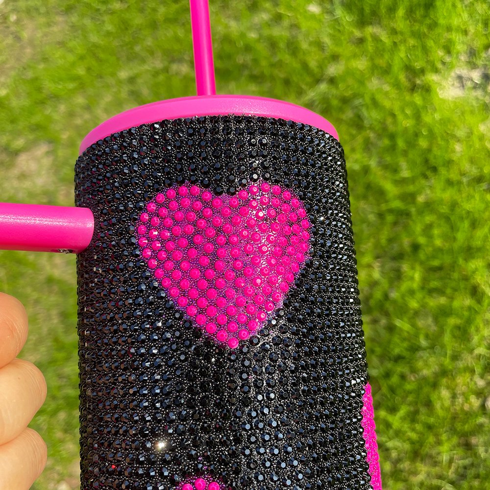 USA warehouse 40oz black pink sweet heart printing diamond shiny tumbler with handle rhinestone bling Sparkle travel coffee mug
