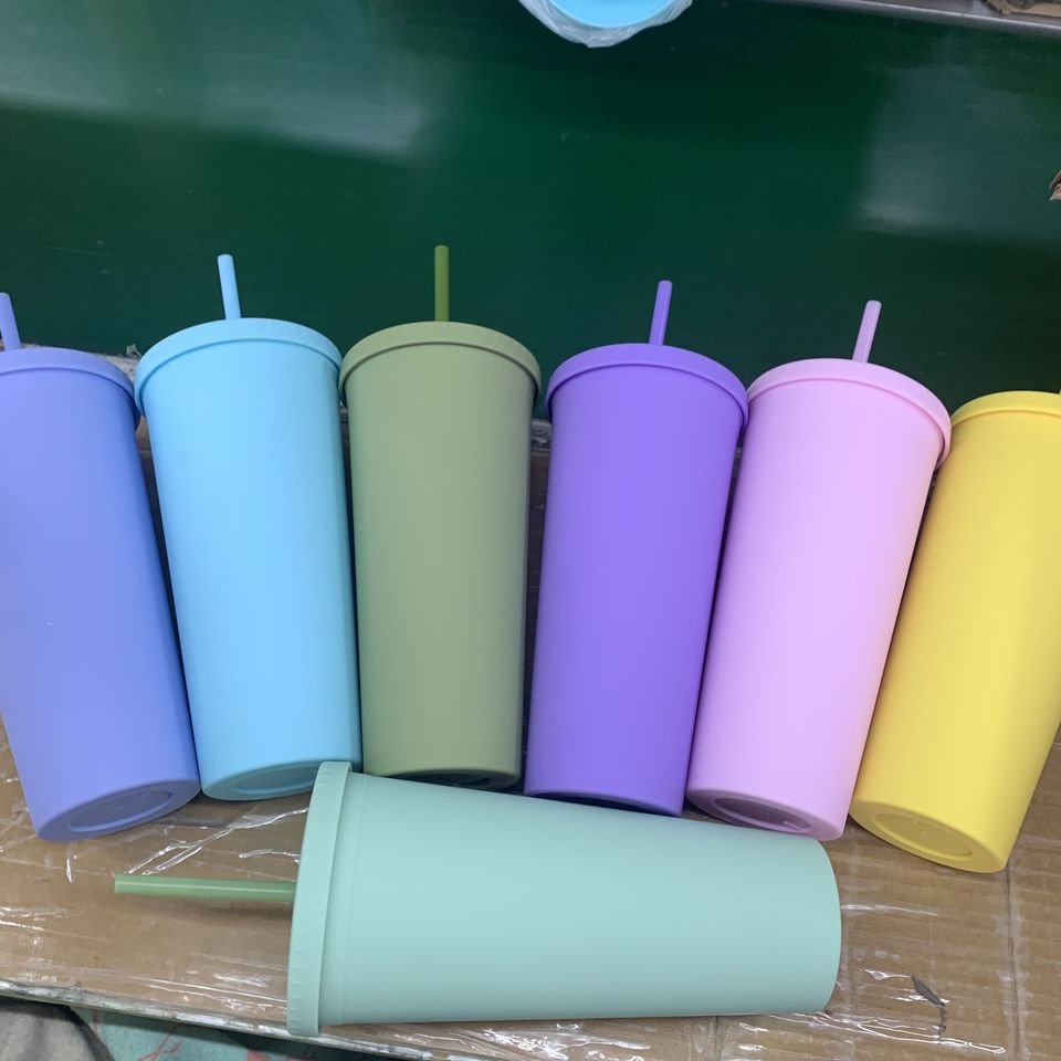 Hot seller double Wall Matte Bulk Tumblers Pastel Colored Acrylic Cups with Lids and Straws