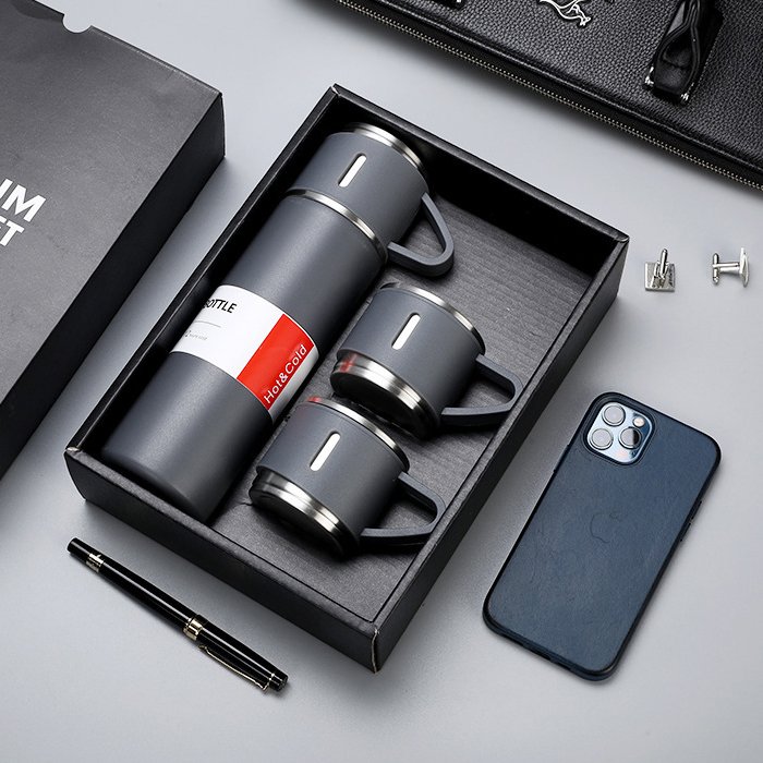 High Quality 500ml Business Vacuum Cup Thermos Stainless Steel Vacuum Flask Gift Set,One Cup Two Lids Gift Box