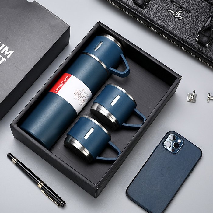 High Quality 500ml Business Vacuum Cup Thermos Stainless Steel Vacuum Flask Gift Set,One Cup Two Lids Gift Box