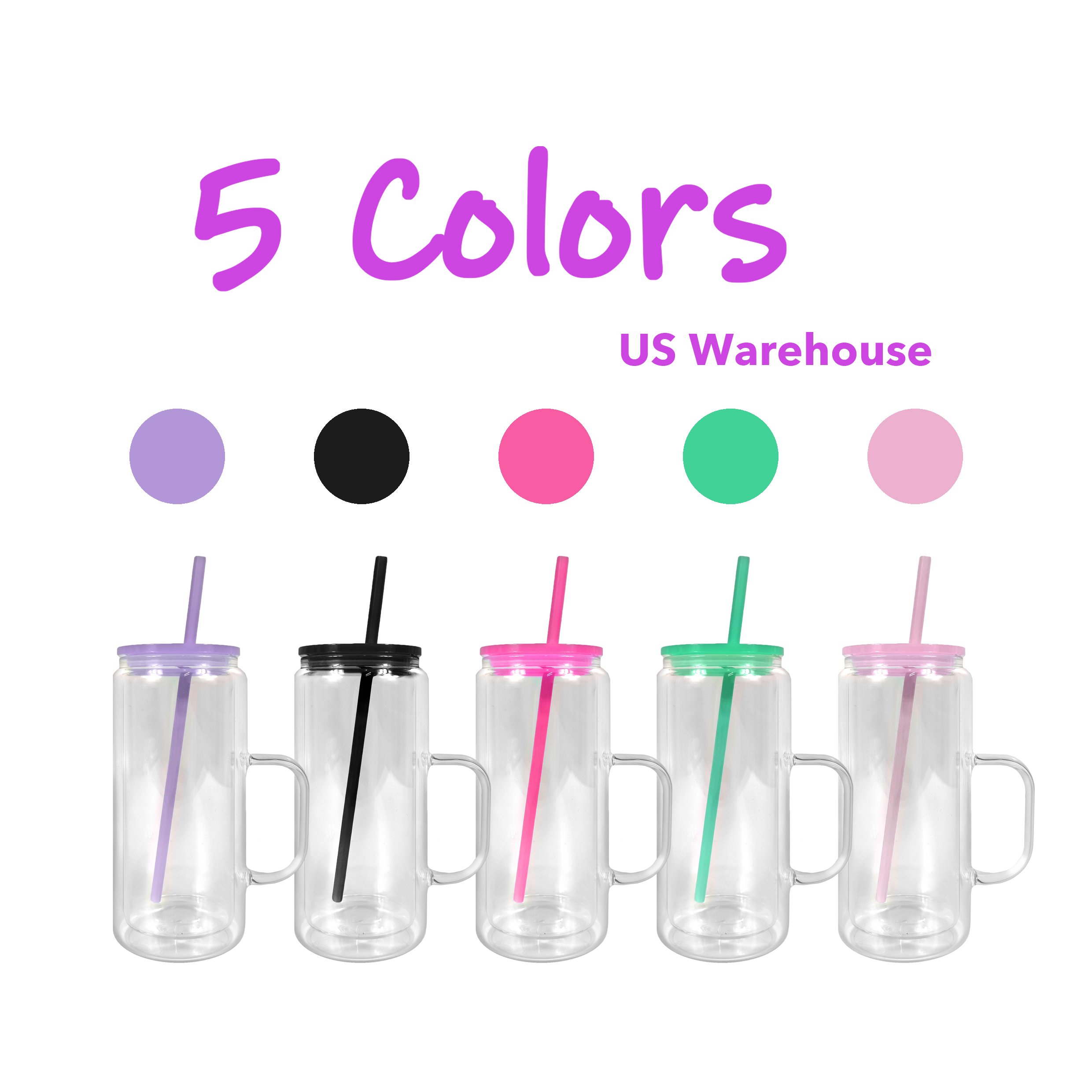 US warehouse 16oz snow globe glass mug 16oz double wall blank sublimation glass can with colorful lids and straws