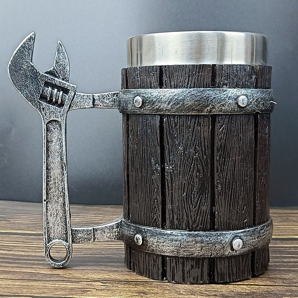 Creative Hardware Handle Wooden Cask Beer Mug Stainless Steel Vintage Wooden Beer Coffee Mug