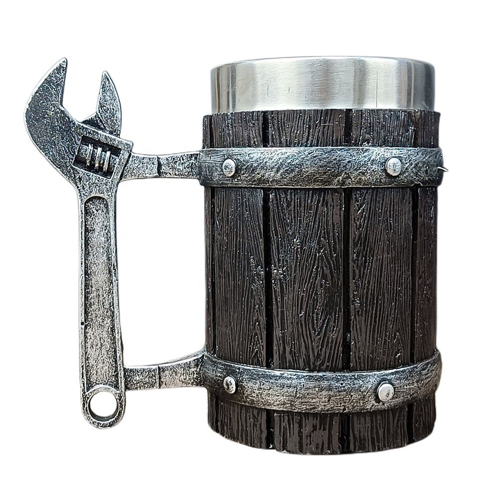Creative Hardware Handle Wooden Cask Beer Mug Stainless Steel Vintage Wooden Beer Coffee Mug
