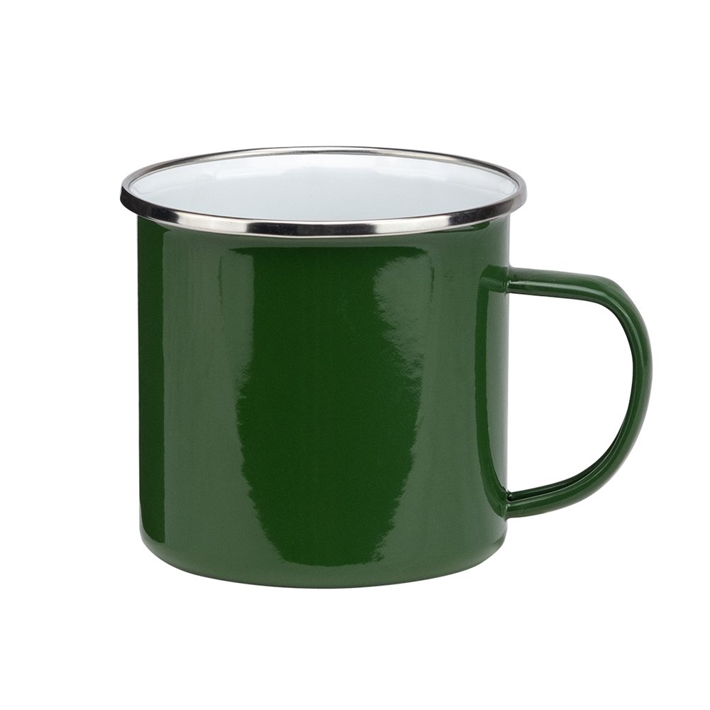 12oz White blue green red yellow black custom logo printed EU outdoor Enamel camp coffee beer cup mug with stainless steel rim